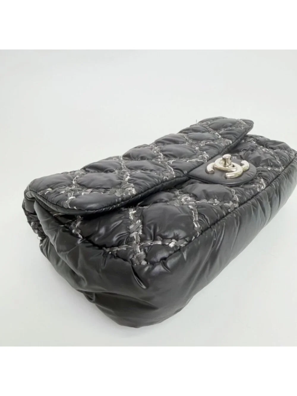 Chanel Quilted Tweed on Stitch Bubble Flap Shoulder Bag Nylon Black Silver Seal